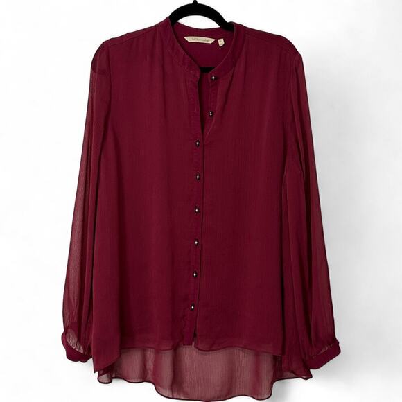 Soft Surroundings Burgundy Collarless Capizzi Top with Sheer Sleeves (L) - Picture 2 of 11